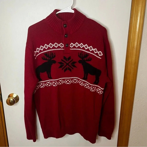 Chaps Other - Chaps 1/4 Button High Neck Sweater Pullover Men Medium Red Moose Snowflakes